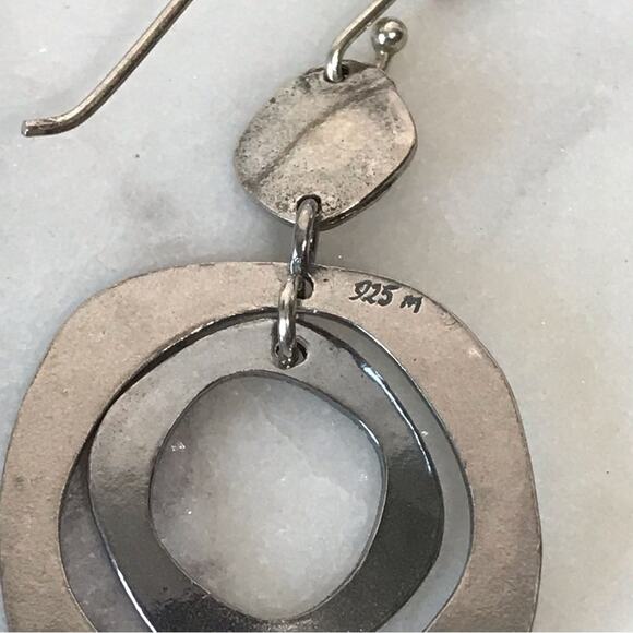 Signed M Sterling Silver 3in Long Dangle Drop Hammered Abstract Circle Earrings - Picture 2 of 14